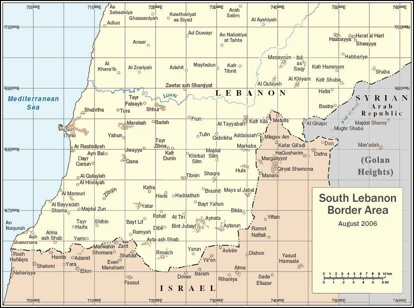 Map of southern Lebanon (UNIFIL area), showing Tyre, the Litani River, and the Israel-Lebanon border